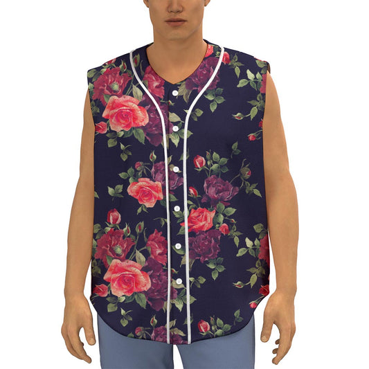Red Violet Roses Floral Pattern Print Sleeveless Baseball Jersey