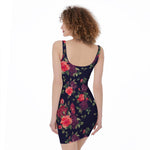 Red Violet Roses Floral Pattern Print Sleeveless Bodycon Dress