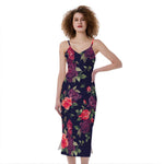 Red Violet Roses Floral Pattern Print Slim Fit Midi Cami Dress