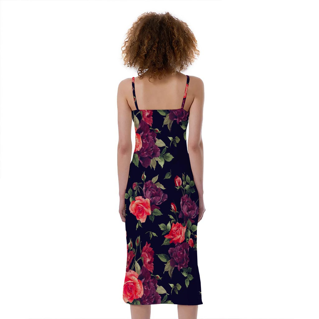 Red Violet Roses Floral Pattern Print Slim Fit Midi Cami Dress