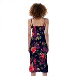 Red Violet Roses Floral Pattern Print Slim Fit Midi Cami Dress