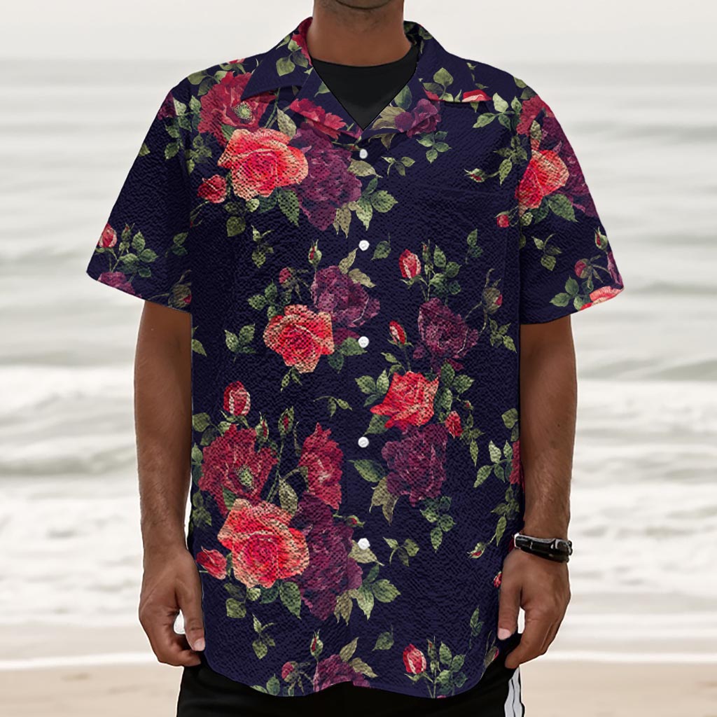Red Violet Roses Floral Pattern Print Textured Short Sleeve Shirt