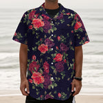 Red Violet Roses Floral Pattern Print Textured Short Sleeve Shirt