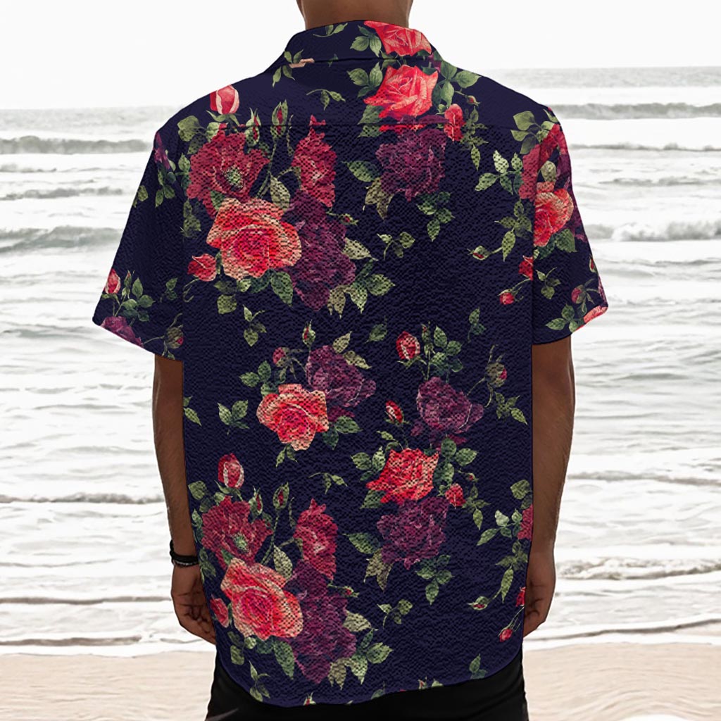 Red Violet Roses Floral Pattern Print Textured Short Sleeve Shirt