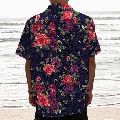 Red Violet Roses Floral Pattern Print Textured Short Sleeve Shirt