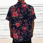 Red Violet Roses Floral Pattern Print Textured Short Sleeve Shirt