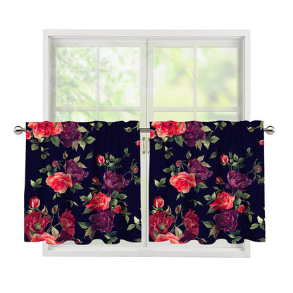 Red Violet Roses Floral Pattern Print Tier Curtains