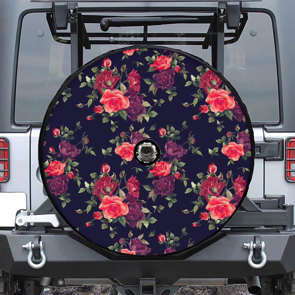 Red Violet Roses Floral Pattern Print Tire Cover With Camera Hole