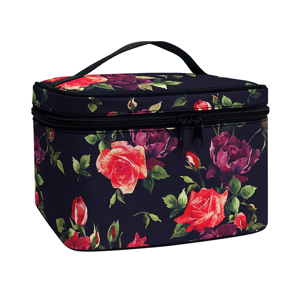 Red Violet Roses Floral Pattern Print Travel Makeup Bag