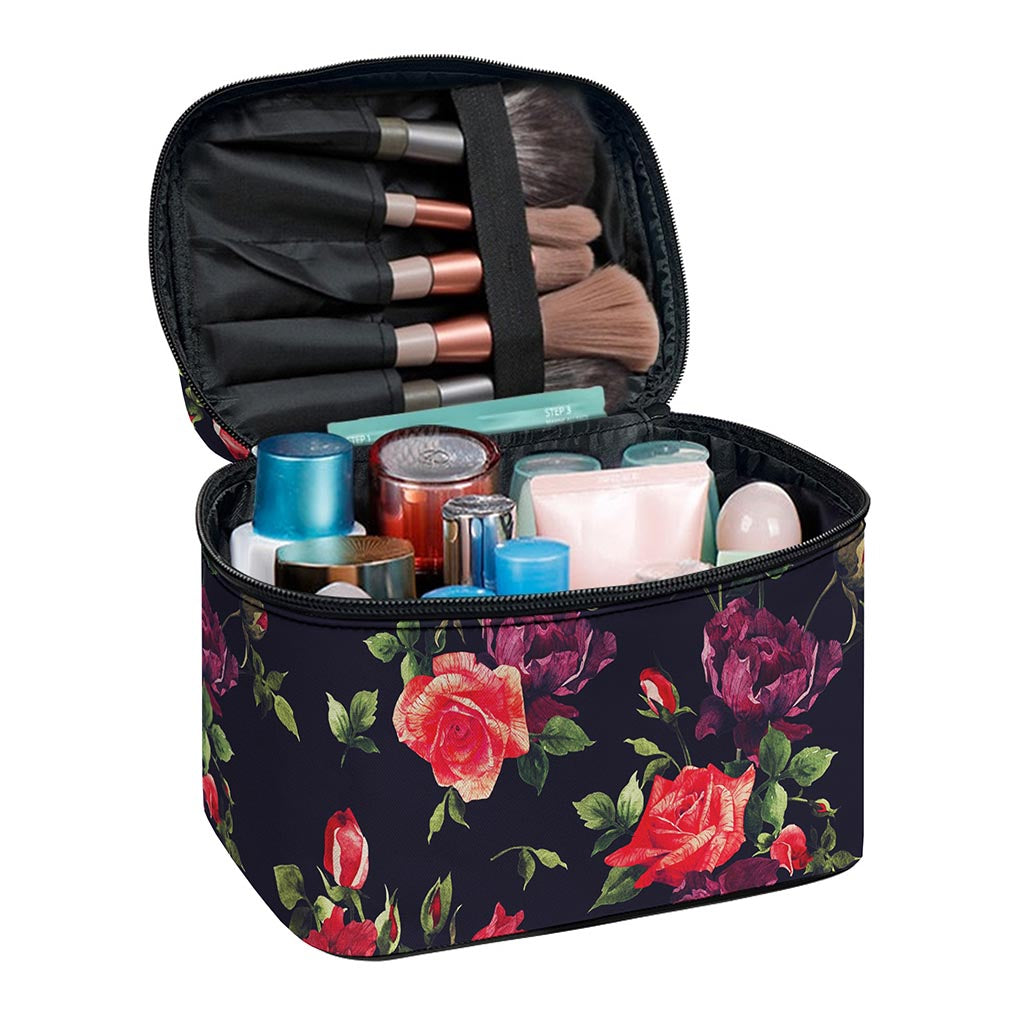 Red Violet Roses Floral Pattern Print Travel Makeup Bag