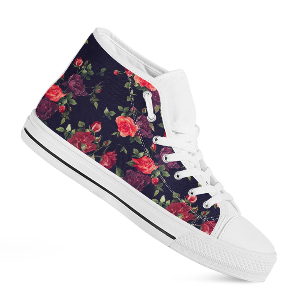 Red Violet Roses Floral Pattern Print White High Top Sneakers