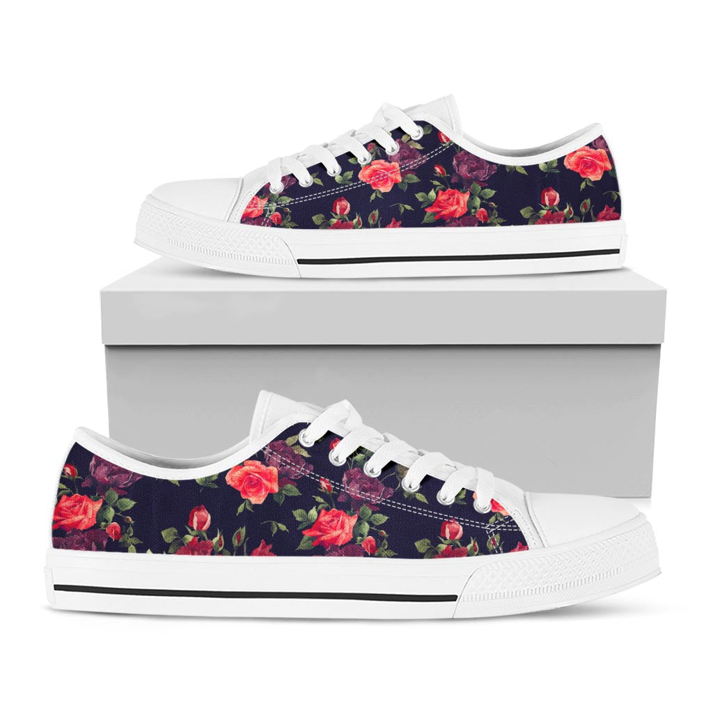 Red Violet Roses Floral Pattern Print White Low Top Sneakers