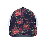 Red Violet Roses Floral Pattern Print White Mesh Trucker Cap