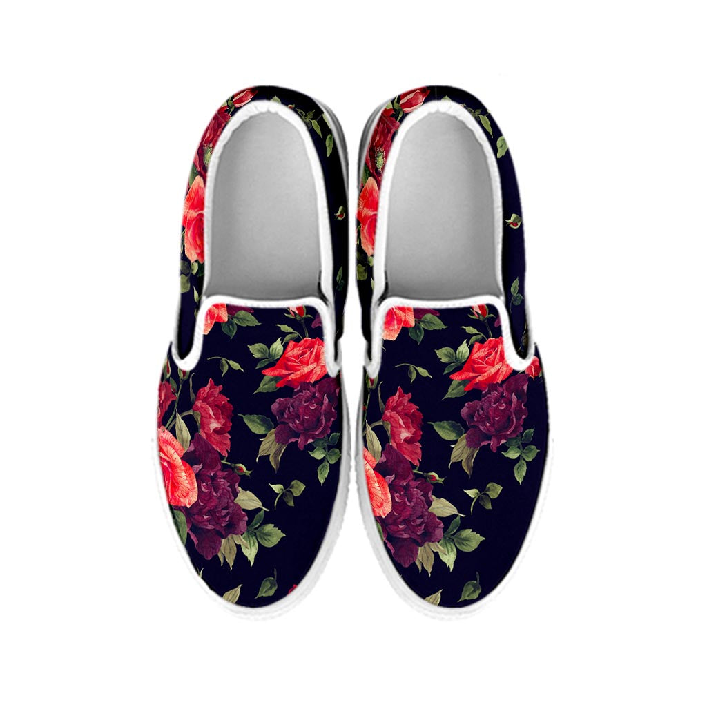 Red Violet Roses Floral Pattern Print White Slip On Sneakers