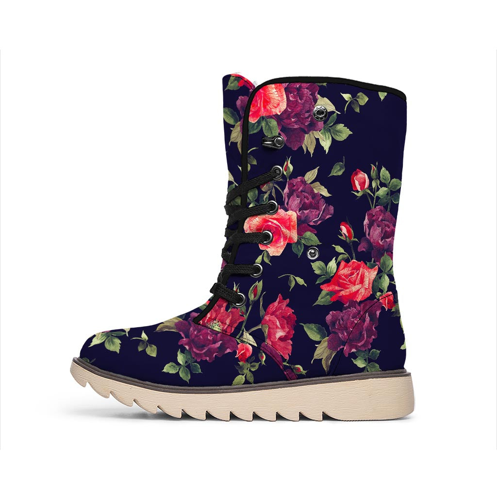 Red Violet Roses Floral Pattern Print Winter Boots