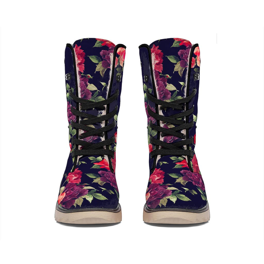 Red Violet Roses Floral Pattern Print Winter Boots