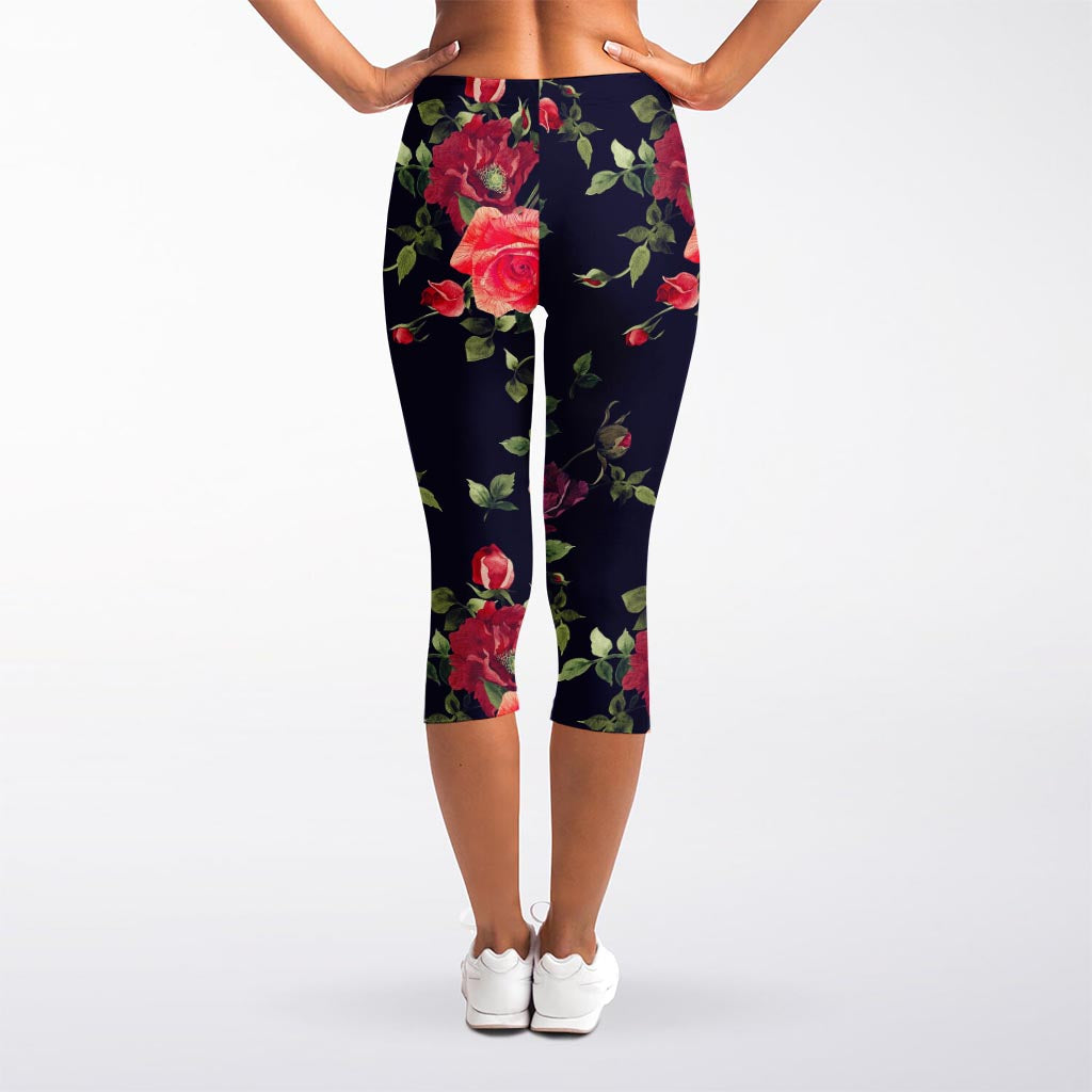 Red Violet Roses Floral Pattern Print Women's Capri Leggings