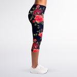 Red Violet Roses Floral Pattern Print Women's Capri Leggings