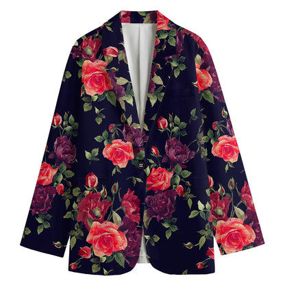 Red Violet Roses Floral Pattern Print Women's Cotton Blazer