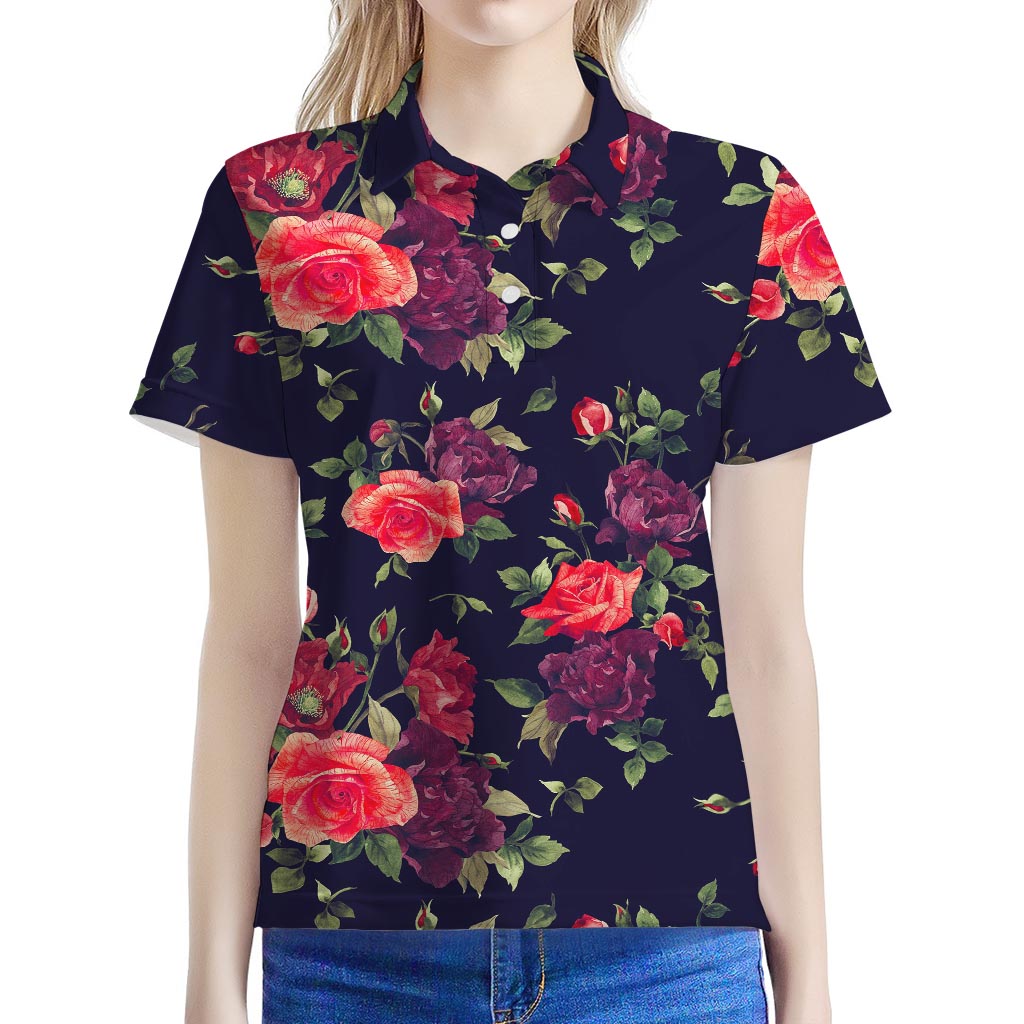 Red Violet Roses Floral Pattern Print Women's Polo Shirt