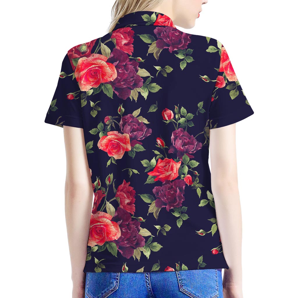 Red Violet Roses Floral Pattern Print Women's Polo Shirt