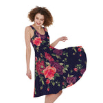 Red Violet Roses Floral Pattern Print Women's Sleeveless Dress