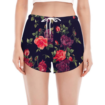 Red Violet Roses Floral Pattern Print Women's Split Running Shorts