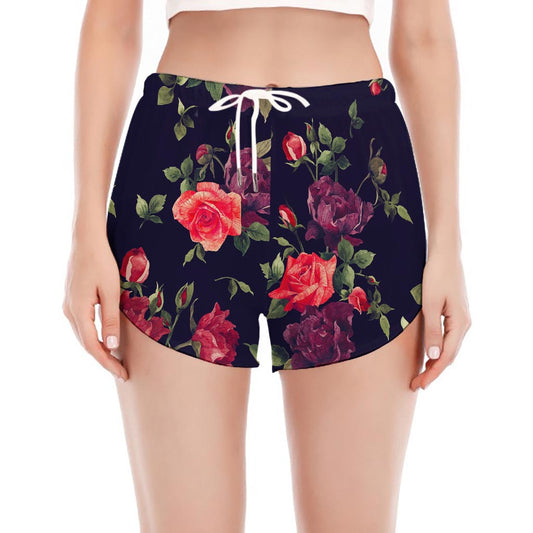 Red Violet Roses Floral Pattern Print Women's Split Running Shorts