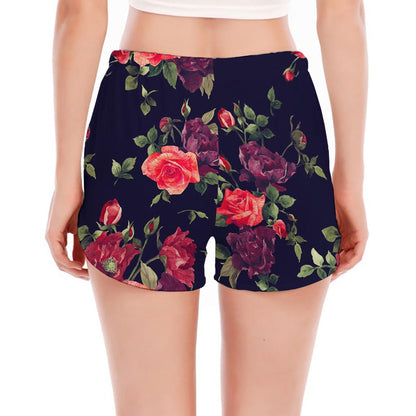 Red Violet Roses Floral Pattern Print Women's Split Running Shorts