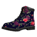 Red Violet Roses Floral Pattern Print Padded Collar Lace Up Boots
