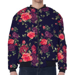 Red Violet Roses Floral Pattern Print Zip Sleeve Bomber Jacket