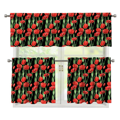 Red Watercolor Tulip Pattern Print 3 Piece Kitchen Curtains