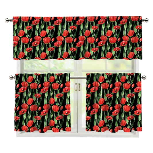 Red Watercolor Tulip Pattern Print 3 Piece Kitchen Curtains