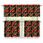 Red Watercolor Tulip Pattern Print 3 Piece Kitchen Curtains