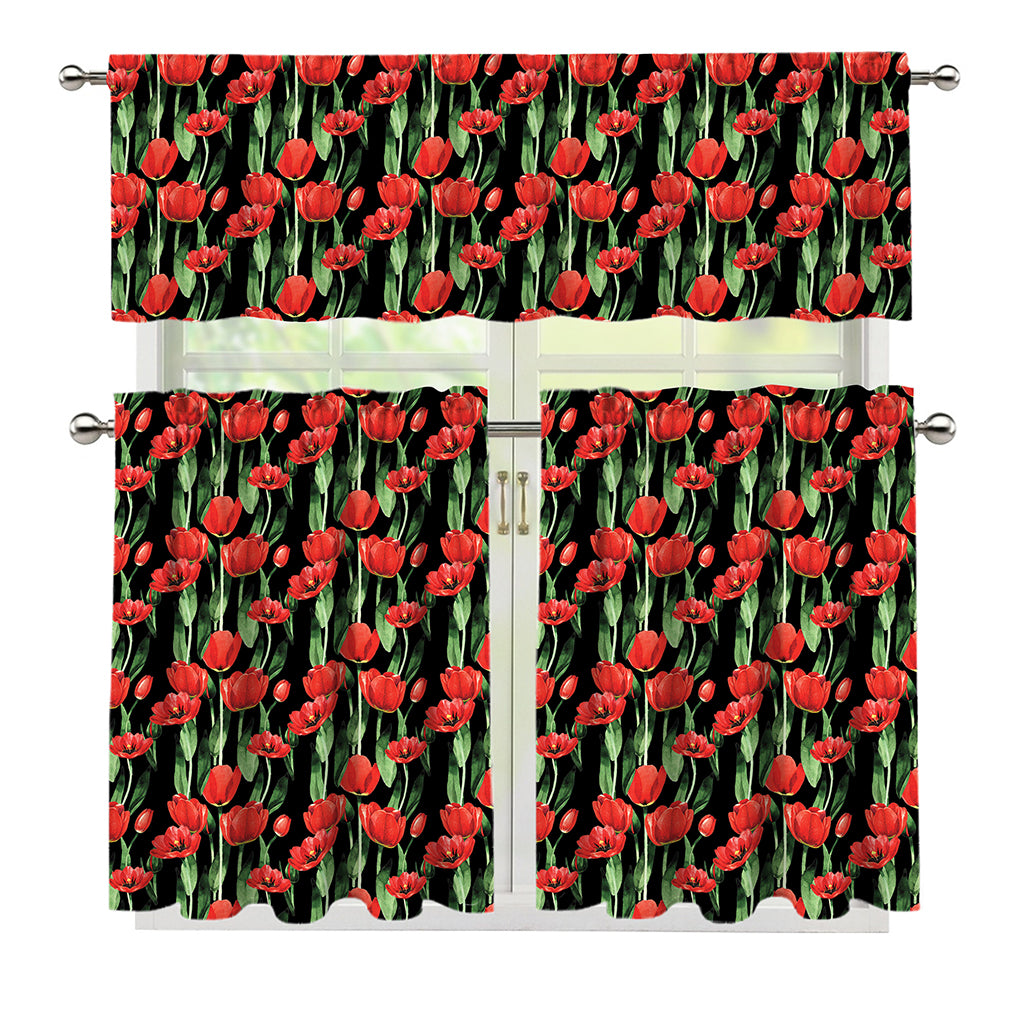 Red Watercolor Tulip Pattern Print 3 Piece Kitchen Curtains