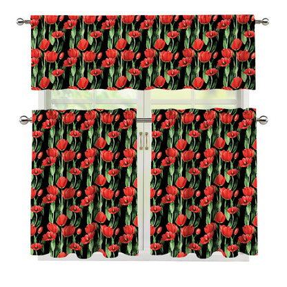 Red Watercolor Tulip Pattern Print 3 Piece Kitchen Curtains