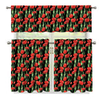 Red Watercolor Tulip Pattern Print 3 Piece Kitchen Curtains