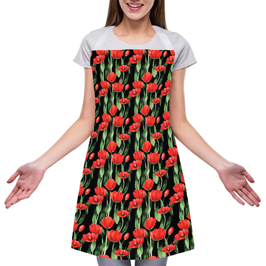 Red Watercolor Tulip Pattern Print Adjustable Apron