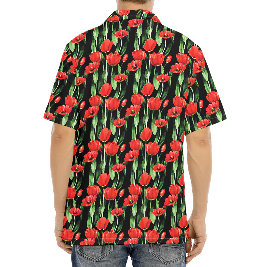 Red Watercolor Tulip Pattern Print Aloha Shirt