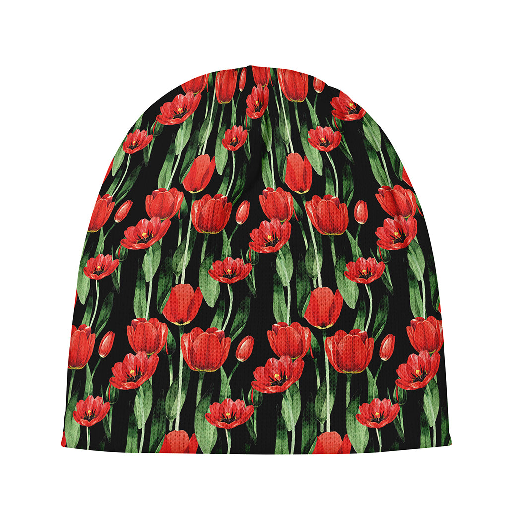 Red Watercolor Tulip Pattern Print Beanie