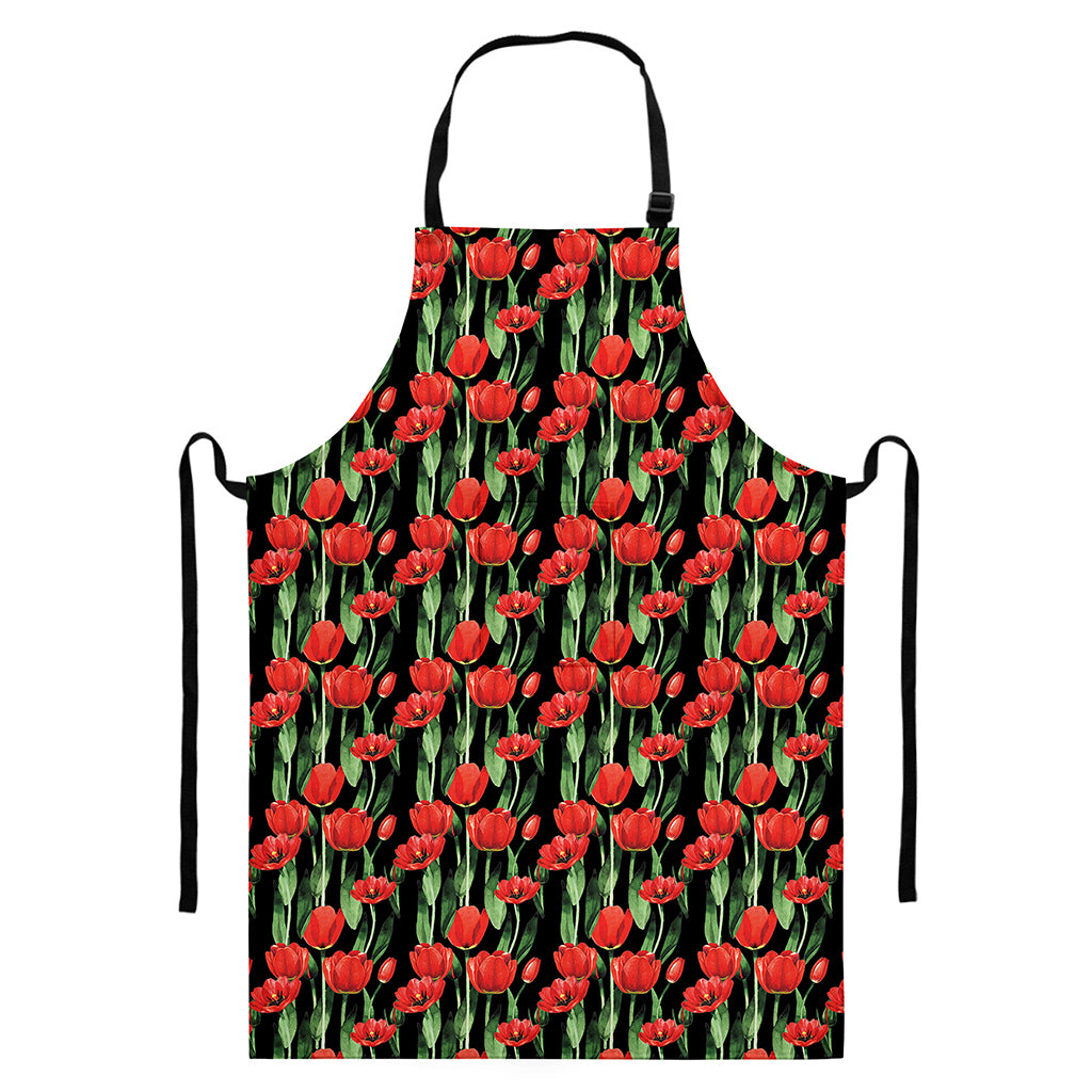 Red Watercolor Tulip Pattern Print Bib Apron With Pocket