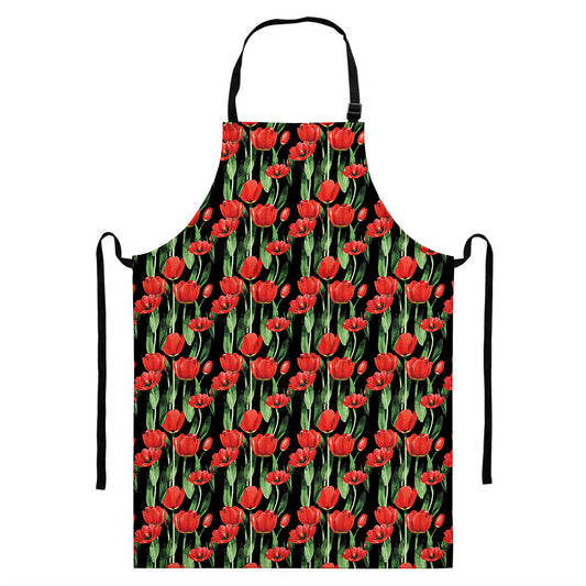 Red Watercolor Tulip Pattern Print Bib Apron With Pocket