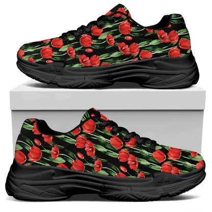 Red Watercolor Tulip Pattern Print Black Chunky Shoes