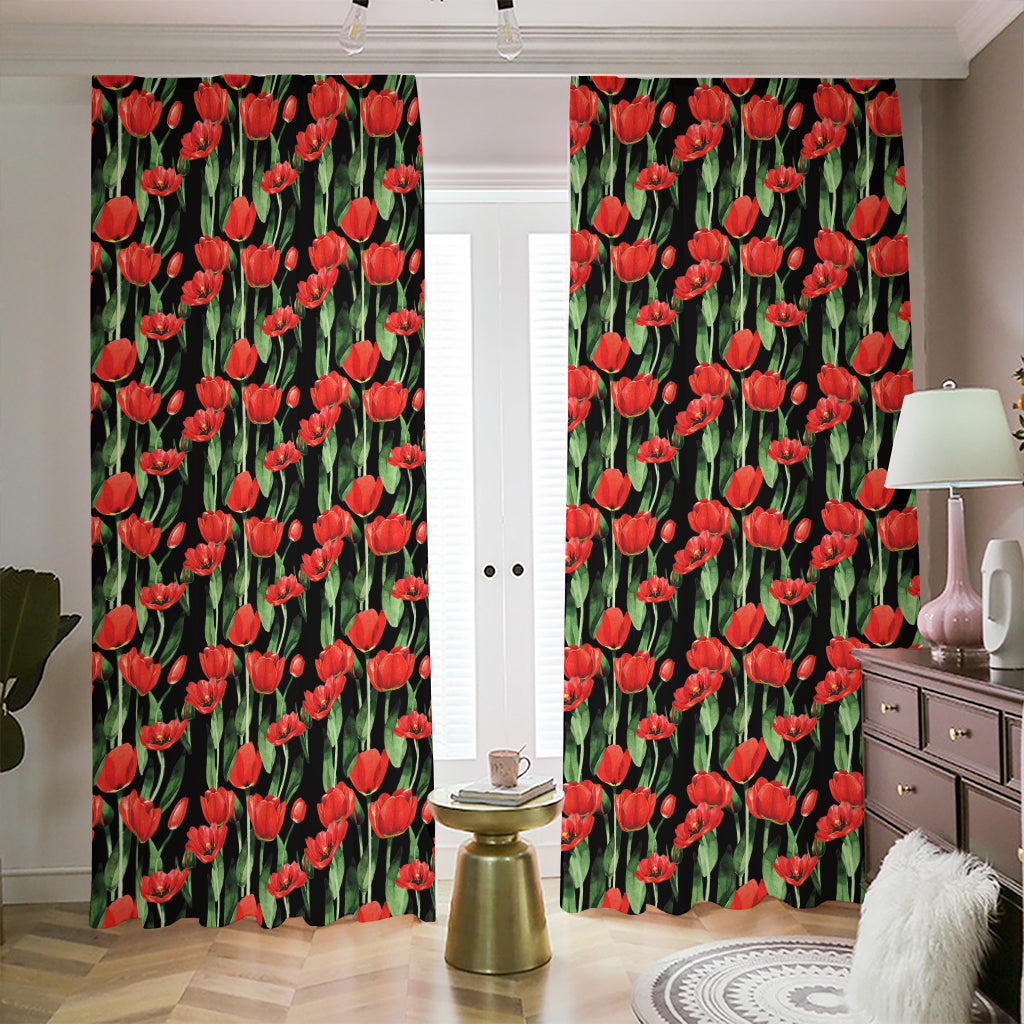 Red Watercolor Tulip Pattern Print Blackout Pencil Pleat Curtains