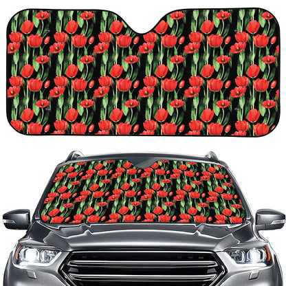 Red Watercolor Tulip Pattern Print Car Windshield Sun Shade