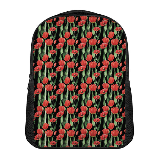 Red Watercolor Tulip Pattern Print Casual Backpack