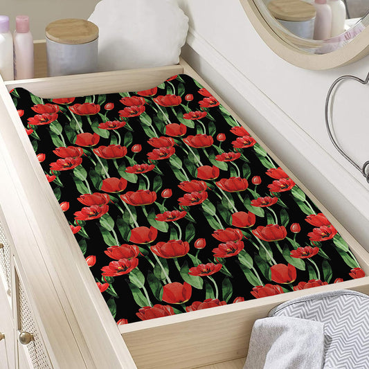 Red Watercolor Tulip Pattern Print Changing Pad Cover