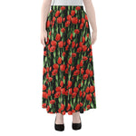 Red Watercolor Tulip Pattern Print Chiffon Maxi Skirt