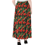 Red Watercolor Tulip Pattern Print Chiffon Maxi Skirt