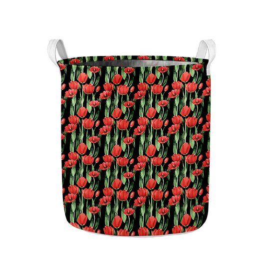 Red Watercolor Tulip Pattern Print Collapsible Laundry Basket